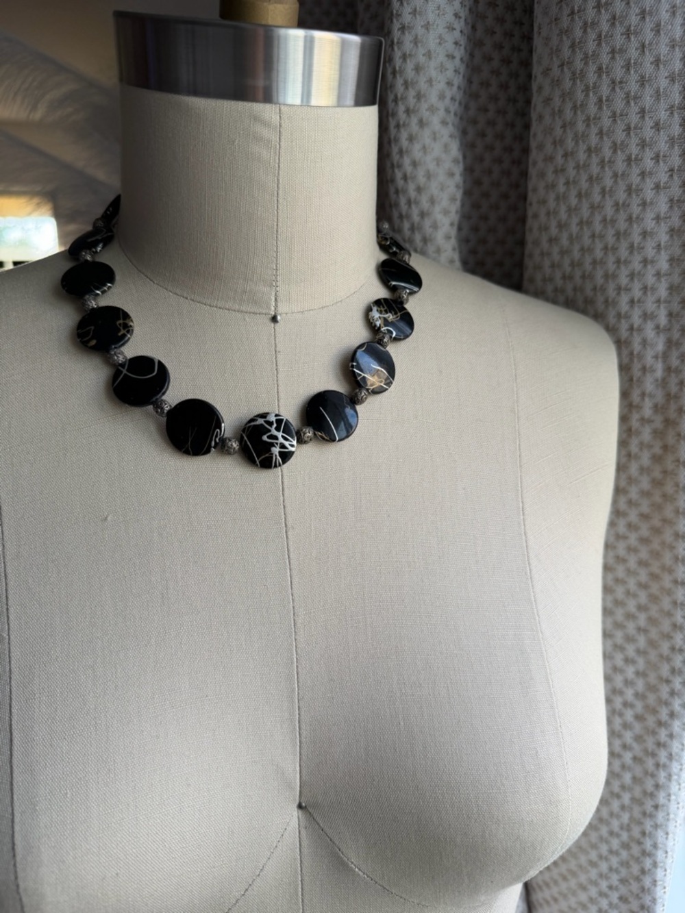 Black Silver and Gold Disc Choker Statement 16” Necklace with Toggle Closure - Picture 9 of 9